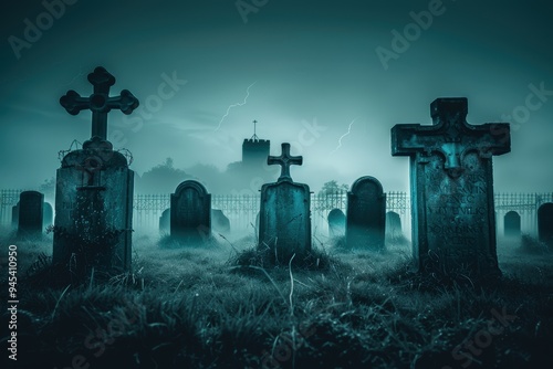 Eerie graveyard at midnight with mist and looming tombstones photo