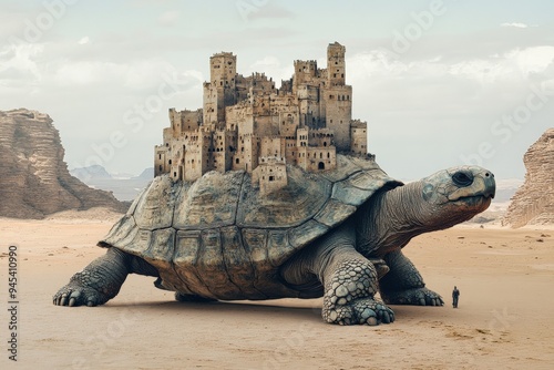 A colossal turtle marches through the desert with a detailed cityscape on its shell, showcasing a blend of fantasy, architectural wonders, and a spectrum of emotions.