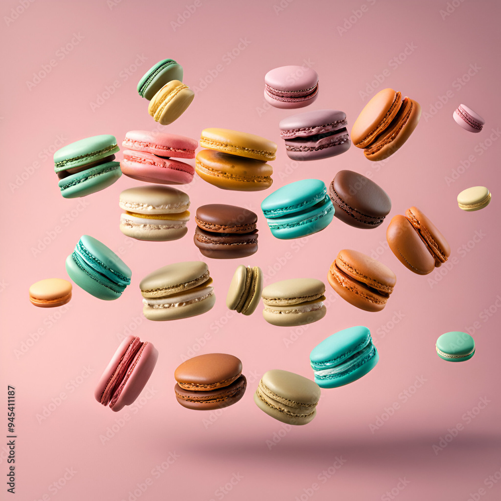 Various colorful of macarons floating on the air isolated on clean background, Desserts sweet cake concept, looks colorful background Various colorful of macarons floating on the air isolated on clean background, Desserts sweet cake concept, looks colorful background