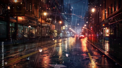 A wet urban street reflects the glowing lights of the city at night amid a downpour with visible raindrops