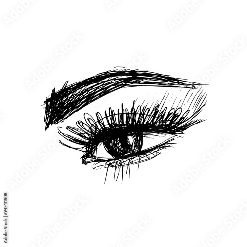 Eye sketch drawing. Logo makeup. Eyelashes and eyebrows