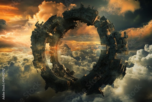 A massive, futuristic circular structure floats among dense clouds, bathed in a golden sunset glow, evoking mystery and advanced technology in an otherworldly setting. photo