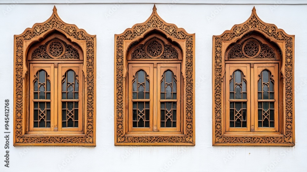 Obraz premium Three intricately carved wooden windows with ornate frames against a white wall.