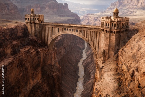 An impressive fortress dominates the landscape with its sturdy construction, perched above a deep canyon, linked by a sweeping arch bridge, embodying strength and resilience.