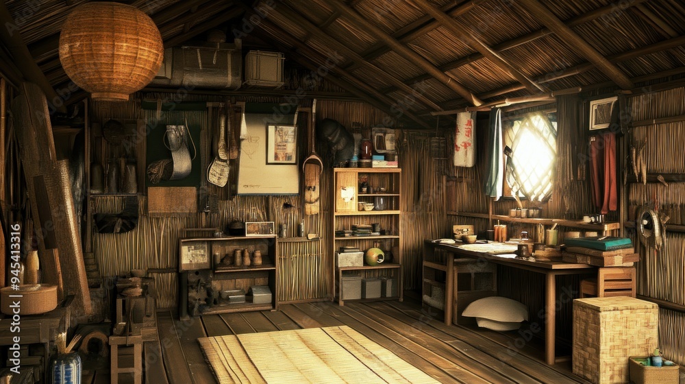 A rustic, wooden room with a large paper lantern, shelves, a table, and a woven rug on the floor. A rustic, wooden room with a large paper lantern, shelves, a table, and a woven rug on the floor.