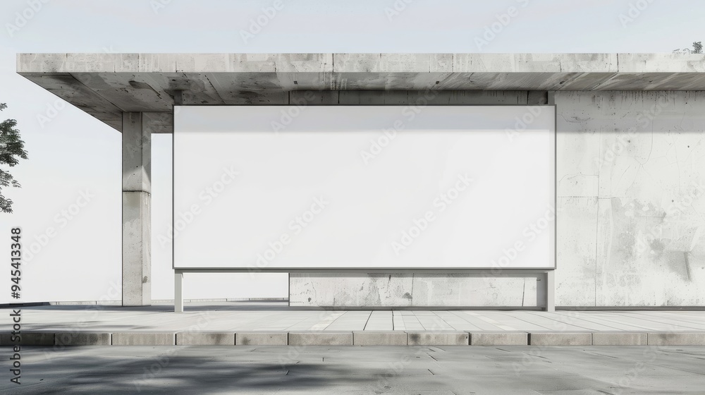 An empty white billboard ready for advertising, mounted on a grey concrete building with a clear sky background An empty white billboard ready for advertising, mounted on a grey concrete building with a clear sky background