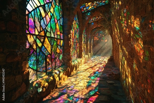 This image captures a corridor adorned with colorful stained glass windows, creating an enchanting passage filled with colorful light reflections dancing across the stone floor and walls. photo