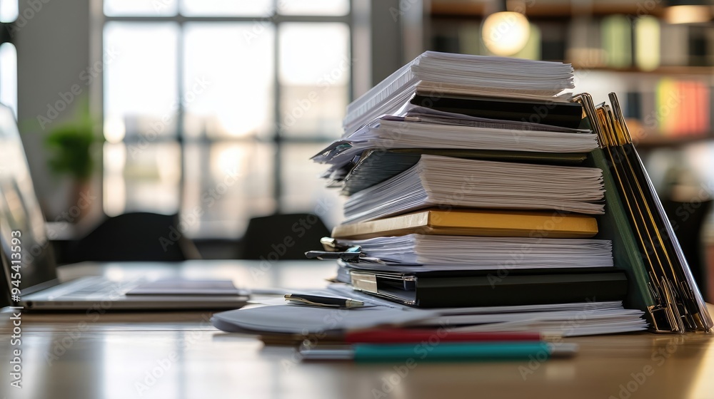 Office Table Covered in Piles of Documents and Binders Representing Workplace Chaos Office Table Covered in Piles of Documents and Binders Representing Workplace Chaos