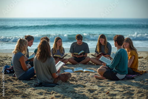 Young Adults Engaging in Bible Study on the Beach