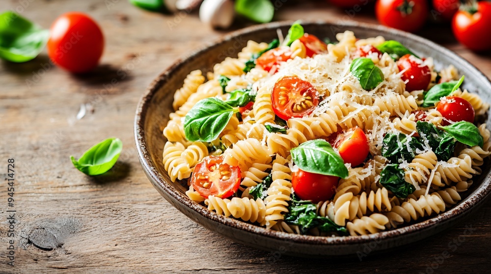 A plate of whole grain pasta tossed with cherry tomatoes, spinach, and garlic, garnished with grated Parmesan cheese and fresh basil, set on a rustic wooden table with a soft background A plate of whole grain pasta tossed with cherry tomatoes, spinach, and garlic, garnished with grated Parmesan cheese and fresh basil, set on a rustic wooden table with a soft background