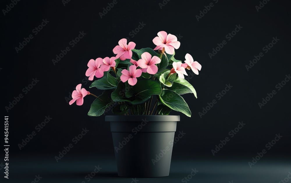 3D rendering of a mini potted flowering plant featuring Saintpaulias against a dark background with selective focus 3D rendering of a mini potted flowering plant featuring Saintpaulias against a dark background with selective focus