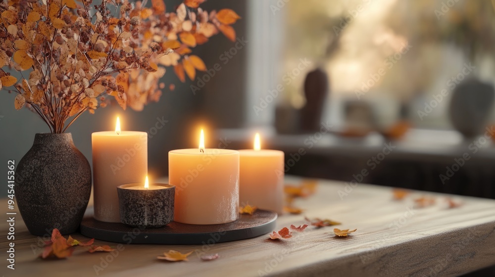 3D rendering of burning candles alongside various autumn decor in a contemporary interior setting 3D rendering of burning candles alongside various autumn decor in a contemporary interior setting