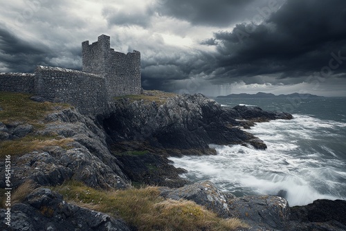 A solitary fortress stands solid on the edge of a rocky coastline, facing the powerful onslaught of stormy ocean waves under a dark and moody sky.