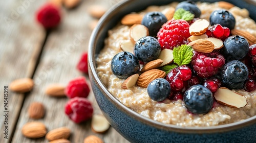 A close-up of a bowl of oatmeal topped with fresh berries, sliced almonds, and a drizzle of maple syrup, set on a rustic wooden table with a soft focus background