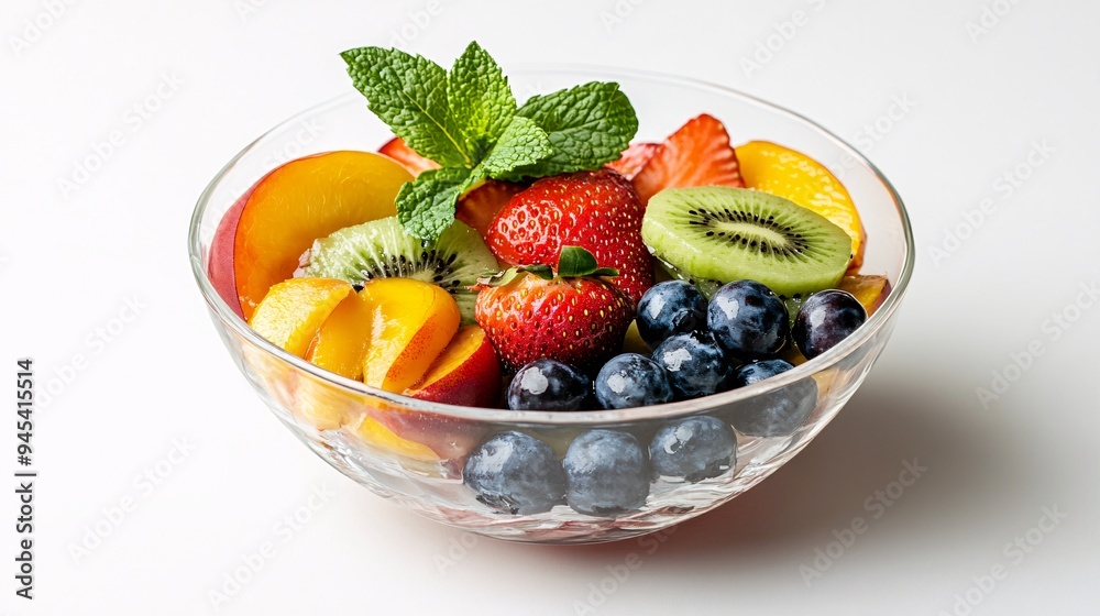 A vibrant fruit bowl with sliced peaches, kiwi, strawberries, and blueberries, garnished with fresh mint leaves and served in a clear glass bowl with a white background A vibrant fruit bowl with sliced peaches, kiwi, strawberries, and blueberries, garnished with fresh mint leaves and served in a clear glass bowl with a white background