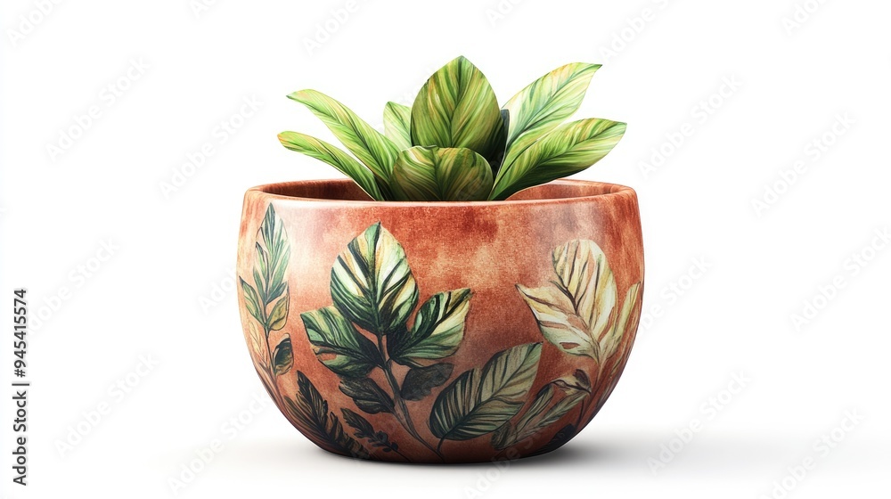 3D rendering of a ceramic flower pot with a watercolor illustration hand drawn terracotta element for gardening and planting featuring a round container on a white background 3D rendering of a ceramic flower pot with a watercolor illustration hand drawn terracotta element for gardening and planting featuring a round container on a white background