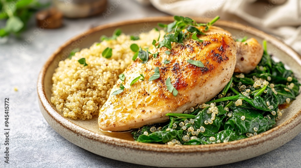 A plate of roasted chicken breast served with quinoa and a side of sautéed spinach, garnished with fresh herbs on a ceramic plate with a soft, natural background A plate of roasted chicken breast served with quinoa and a side of sautéed spinach, garnished with fresh herbs on a ceramic plate with a soft, natural background