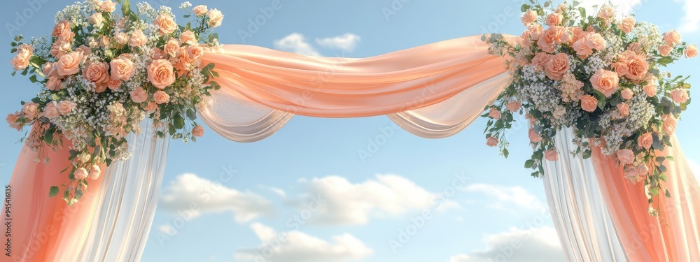 3D rendering of a stunning wedding arch adorned with peach and silver fabric and floral arrangements 3D rendering of a stunning wedding arch adorned with peach and silver fabric and floral arrangements