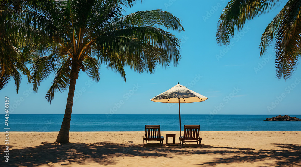 Serene Beach Scene with Palm Trees, Chairs, and an Umbrella, Capturing a Relaxing Coastal Environment and Tropical Escape, Ideal for Depicting Themes of Vacation, Beach Leisure, and Tranquil Seaside R Serene Beach Scene with Palm Trees, Chairs, and an Umbrella, Capturing a Relaxing Coastal Environment and Tropical Escape, Ideal for Depicting Themes of Vacation, Beach Leisure, and Tranquil Seaside R