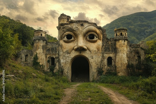 A dilapidated stone castle features an entrance resembling a giant human face, surrounded by lush greenery and hills, offering a blend of mystery and natural beauty. photo