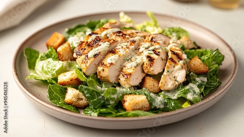 A plate of grilled chicken Caesar salad with romaine lettuce, croutons, and shaved Parmesan cheese, drizzled with Caesar dressing and served on a ceramic plate with a clean, neutral background