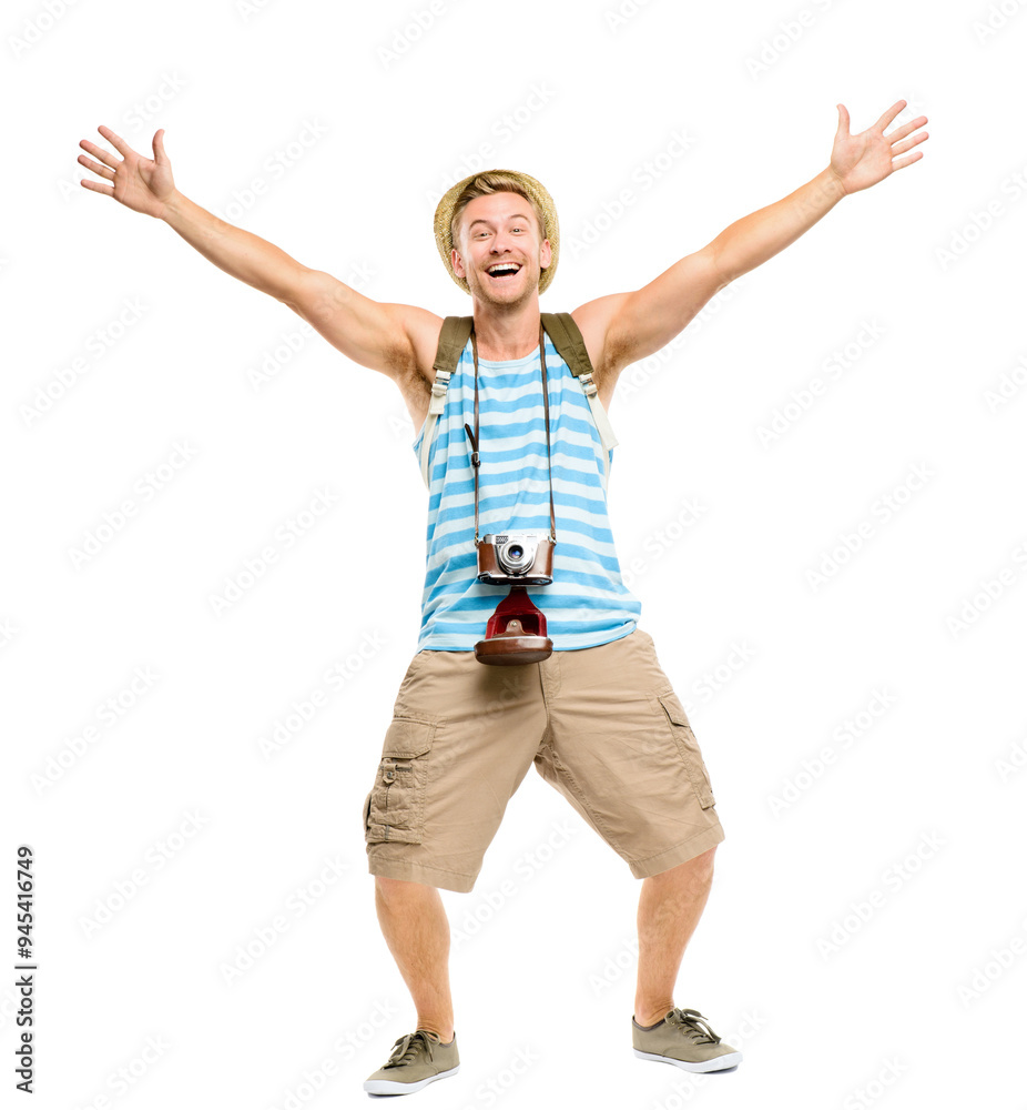 Man, travel and portrait with celebration in studio for summer vacation, tourism and freedom. Excited, male person and tourist with camera on white background for holiday, photography and journey Man, travel and portrait with celebration in studio for summer vacation, tourism and freedom. Excited, male person and tourist with camera on white background for holiday, photography and journey