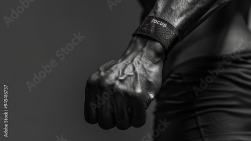 A man's hand is shown with a black band on it