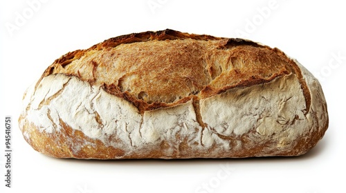 An artisanal rustic bread loaf with a golden-brown crust, showcasing its handcrafted, fresh-baked, and inviting appeal against a neutral background. photo