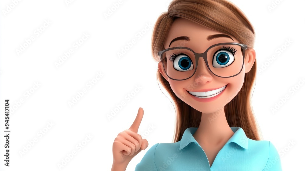 Smiling cartoon woman with glasses pointing with her finger up. Smiling cartoon woman with glasses pointing with her finger up.