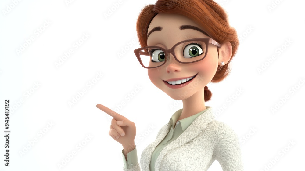 Happy cartoon woman in glasses pointing finger to the side. Happy cartoon woman in glasses pointing finger to the side.