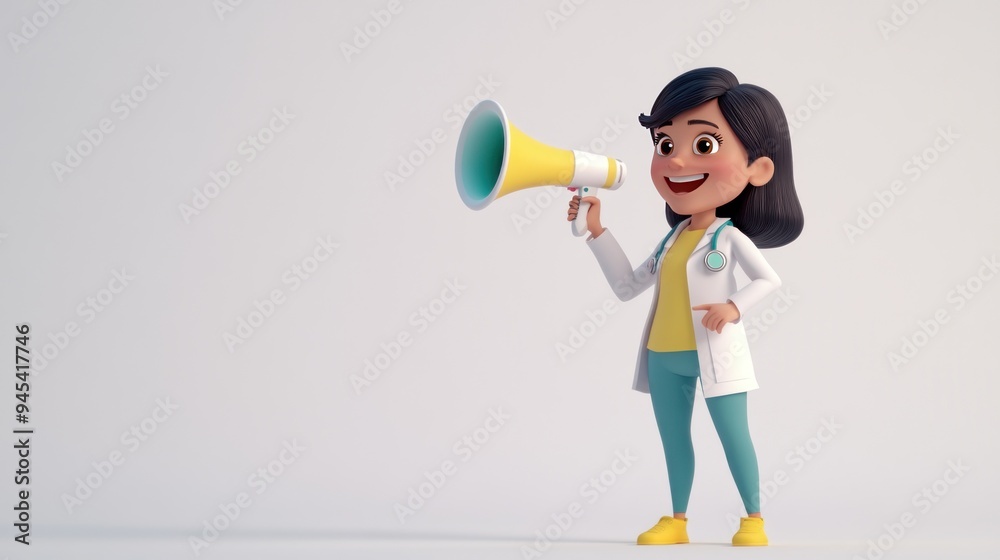 A cartoon doctor holds a megaphone and smiles broadly, as if making an announcement. A cartoon doctor holds a megaphone and smiles broadly, as if making an announcement.