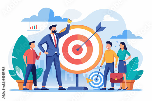 Company target achievement, business goal or objective to achieve, team strategy, leadership development, aiming for winning goal concept, businessman point arrow bullseye target to team colleagues. 
