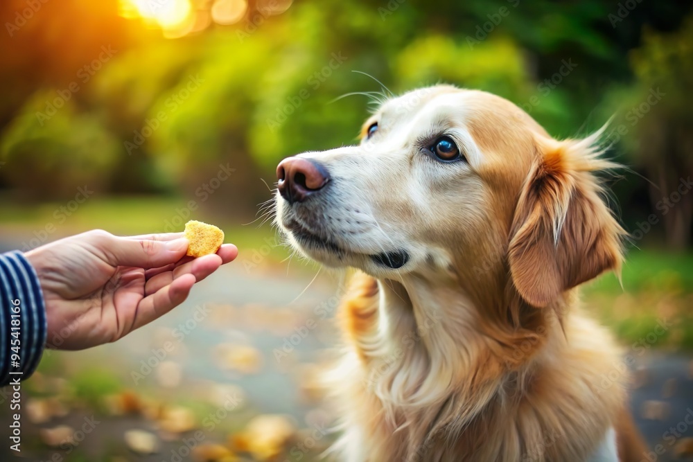 Dog receiving a treat from owner. Pet training and reward
