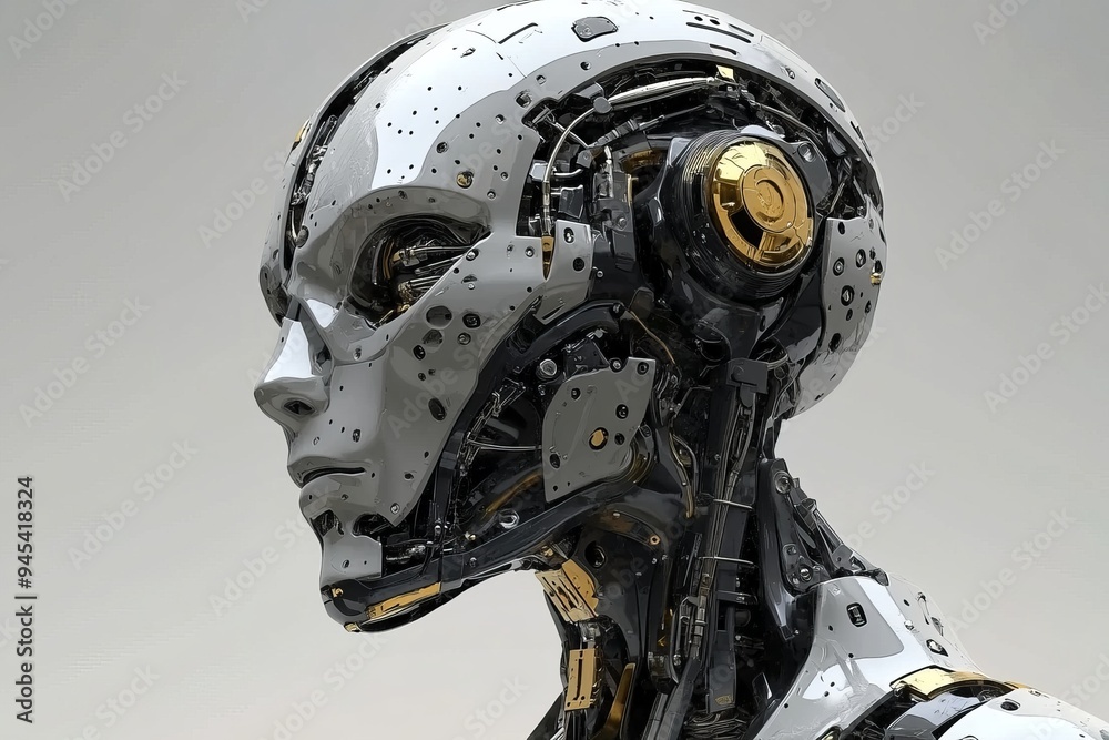 A futuristic cyborg head with exposed mechanical components symbolizing the integration of human intelligence with advanced technology and the evolution of artificial cognition A futuristic cyborg head with exposed mechanical components symbolizing the integration of human intelligence with advanced technology and the evolution of artificial cognition