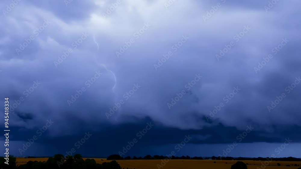 Dramatic lightning strikes illuminate the stormy night sky over a rural ...