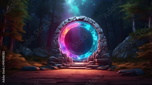 Abstract portal stone gate in a rocky mountain stone field, space panorama of cosmic darkness, illuminated by a neon circle, with a spectrum light effect photo