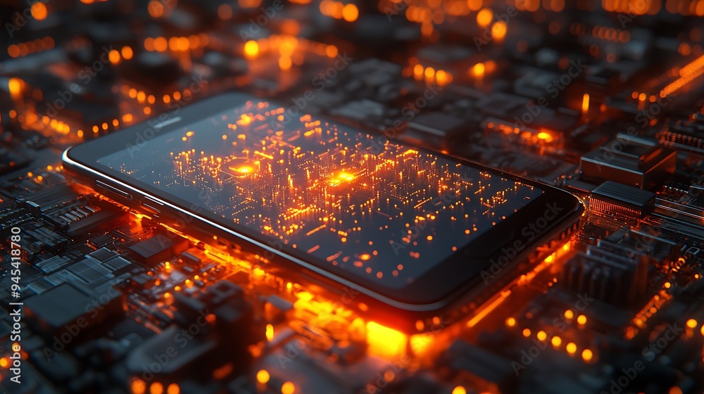 A smartphone sits on a glowing circuit board with a futuristic cityscape inside the phone's screen. A smartphone sits on a glowing circuit board with a futuristic cityscape inside the phone's screen.