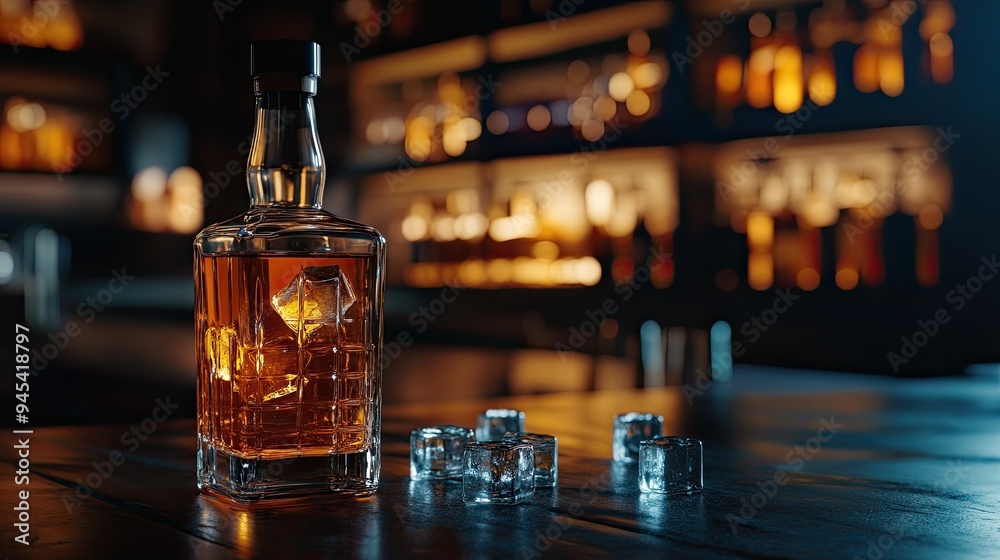 A bottle of aged whiskey with a glass and ice cubes, set on a dark wooden bar with warm ambient lighting A bottle of aged whiskey with a glass and ice cubes, set on a dark wooden bar with warm ambient lighting