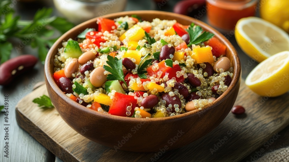 A bowl of quinoa salad with mixed vegetables, beans, and a lemon vinaigrette A bowl of quinoa salad with mixed vegetables, beans, and a lemon vinaigrette