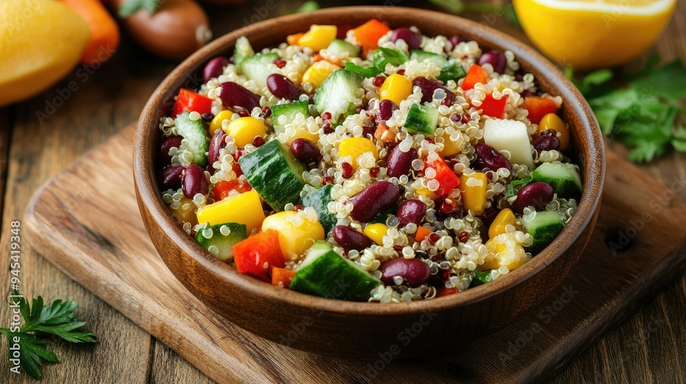 A bowl of quinoa salad with mixed vegetables, beans, and a lemon vinaigrette A bowl of quinoa salad with mixed vegetables, beans, and a lemon vinaigrette
