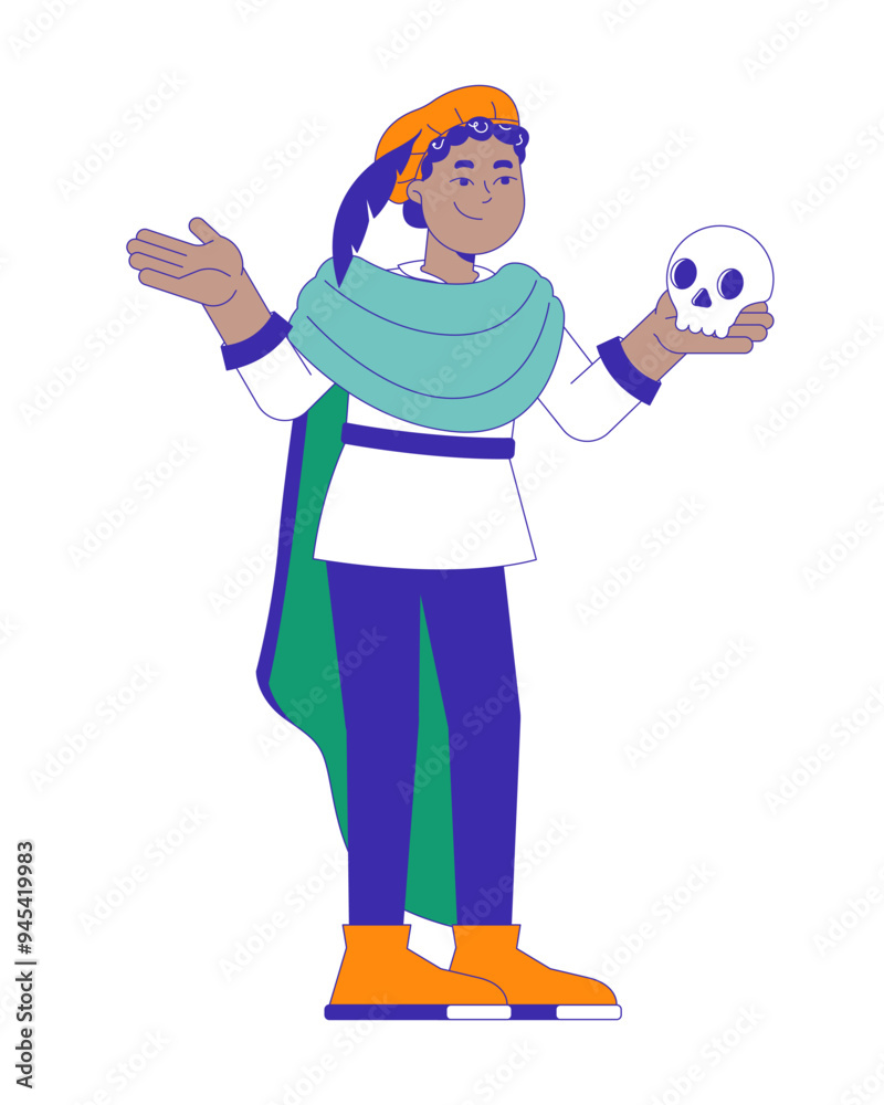African american theatre kid 2D cartoon character. Young actor Shakespeare play. Black boy performing Hamlet holding skull isolated person flat vector on white background. Spot illustration colorful African american theatre kid 2D cartoon character. Young actor Shakespeare play. Black boy performing Hamlet holding skull isolated person flat vector on white background. Spot illustration colorful