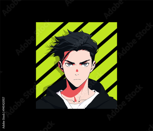 Illustration of Serious and Masculine Anime Boy with Black Hair, Cool Jacket, and Intense Expression