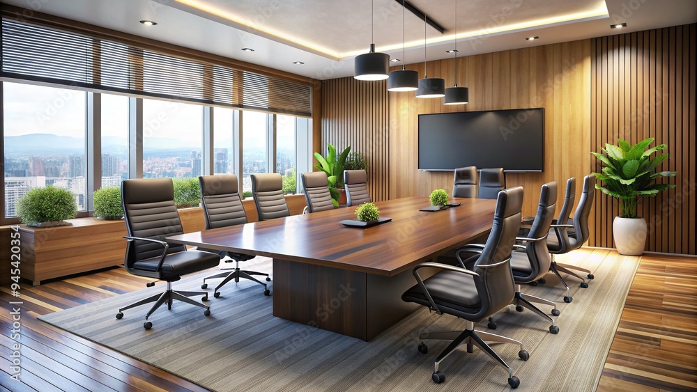 Modern conference room with a large flat screen display mounted on the wall, surrounded by a sleek wooden table and ergonomic office chairs. Modern conference room with a large flat screen display mounted on the wall, surrounded by a sleek wooden table and ergonomic office chairs.