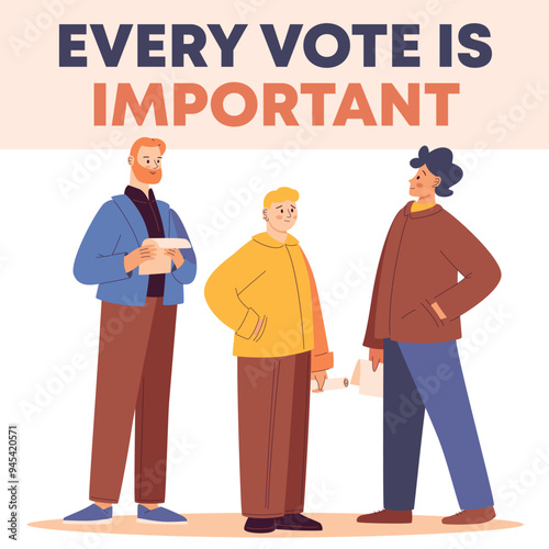 Illustration featuring young male voters participating in an election. Focuses on diversity, democracy, and the role of individuals in the political process.