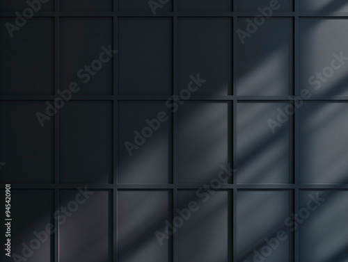 Modern black square tile pattern with dramatic shadows  minimalist industrial background  perfect for architectural design or sleek product photography  copy space