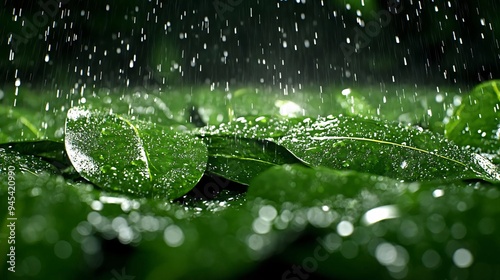 Close-up of vibrant green leaves glistening with water droplets in a refreshing rain, showcasing nature's beauty and tranquility. photo