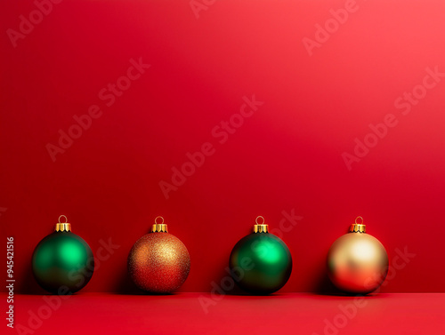 Four Christmas ornaments in red and green arranged against a bright red background, simple and classic holiday decor, festive and joyful