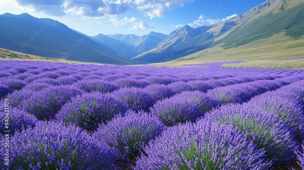 A field of lavender in full bloom, stretching across a meadow with a scenic mountain backdrop A field of lavender in full bloom, stretching across a meadow with a scenic mountain backdrop