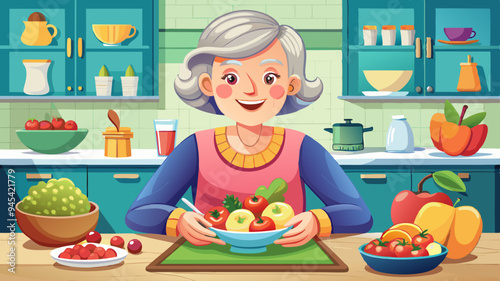 Portrait, fruit salad and apple with a senior woman in the kitchen of her home for health, diet or nutrition. Smile, food and cooking with a happy mature female pension eating healthy in the 