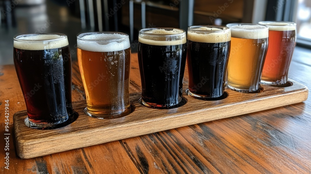 A flight of craft beers in different colors and flavors, served on a wooden tasting board A flight of craft beers in different colors and flavors, served on a wooden tasting board